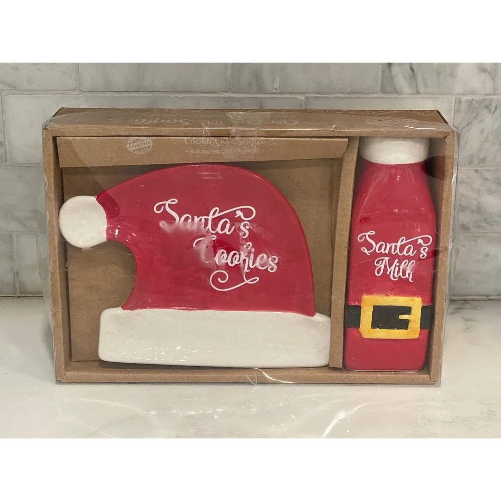 Santa Cookies &‎ Milk Jug Cookie Plate Set Christmas Holiday Ceramic